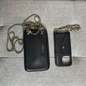 Bandolier Lily Duet iPhone 16 Pro Expanded Pouch Grain Leather Black Gold Chain